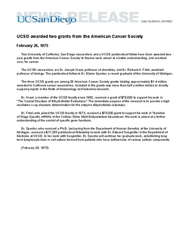 UCSD awarded two grants from the American Cancer Society