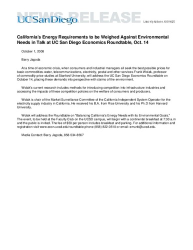 California’s Energy Requirements to be Weighed Against Environmental Needs in Talk at UC San Diego Economics Roundtable, Oct. 14