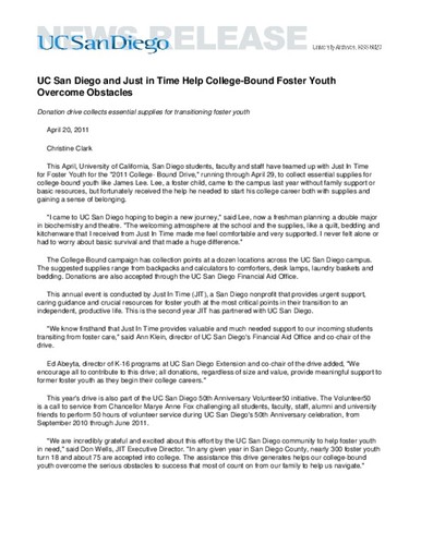 UC San Diego and Just in Time Help College-Bound Foster Youth Overcome Obstacles--Donation drive collects essential supplies for transitioning foster youth