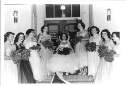 Queen of Holy Ghost Claudia Gonsalvas and her court at the Feast of the Holy Ghost celebration, about 1950