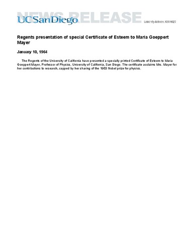 Regents presentation of special Certificate of Esteem to Maria Goeppert Mayer