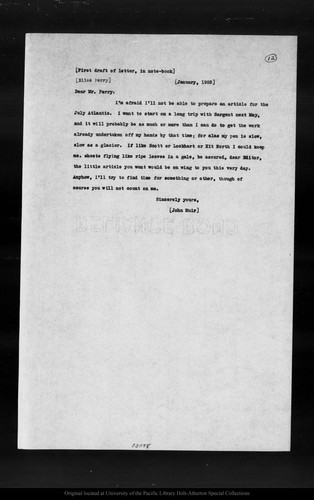 Letter from [John Muir] to [Bliss] Perry, [1903 Jan ?]