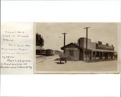 Northwestern Pacific Depot and C.W. Ronsheimer General Store in downtown Penngrove, California, about 1910
