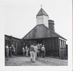 Ranger Schlotter lecturing in front of Chapel at Fort Ross