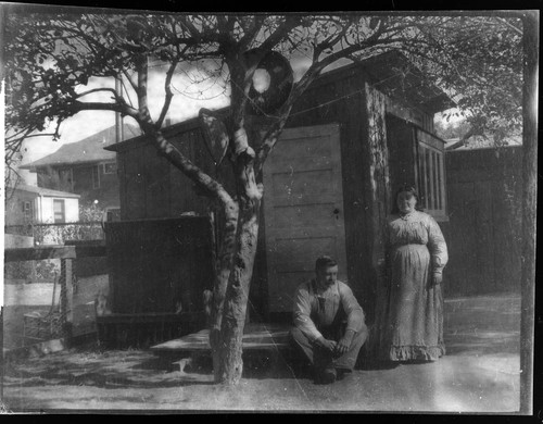William and Mary Benson outside their house at the back of Nicholson's property, Pasadena, winter of 1906-07