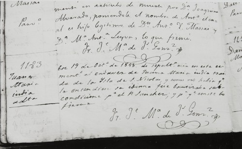 Burial entry for Juana María, the Lone Woman of San Nicolas Island : October 19, 1853, in the Libro de Difuntos (Book of Deaths) at Santa Barbara Mission. The entry states that no one could understand her language, so her baptism was bestowed conditionally by Fr. Sánchez