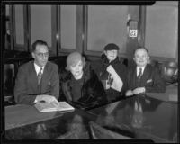 Harry F. Sewell, Vilma Aknay, Sari Fedak, and Herman Shapiro in court, Los Angeles, 1935