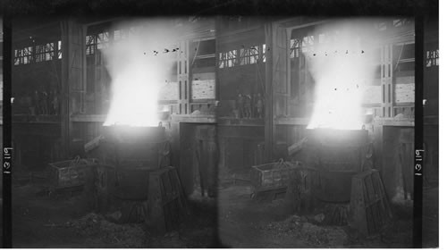 Bessemer Steel Process. "Drawing a Heat" - Running molten steel from open hearth furnace into 70-ton ladle, Homestead, Penna
