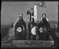 Bottles of alcoholic beverages, evidence in the Myrtle Mellus murder case, Los Angeles, 1928