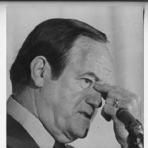 Hubert Humphrey, longtime U.S. Senator from Minnesota, 38th Vice President (under LBJ, 1965-1969), Democratic nominee for President, 1968, in Sacramento, speaking at a microphone and gesturing