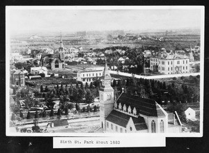 View of Pershing Square (formerly 6th Street park) looking southeast from Normal School (the present site of the Biltmore Hotel) showing St. Paul’s Cathedral and First Methodist Episcopal Church, ca.1883