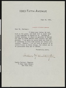 Archer Milton Huntington, letter, 1921-06-14, to Hamilton Garland