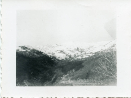 Snow covered mountains during a wildfire in Malibu, 1956