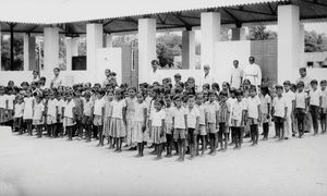South Arcot District. From the school at Neyveli - with pupils standing for the morning prayer