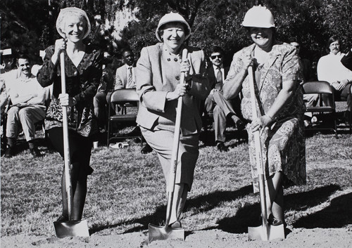Photograph of Norma Schmitz, President Norma Rees, and Maureen Cassingham at the groundbreaking of the University Bookstore