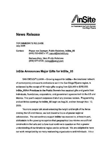 News Release: inSite Announces Major Gifts for inSite_05