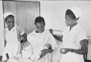 Ndolage Hospital in the Kagera Region, Tanzania, 1964. Twin birth assisted by the local Nurse/M