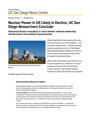 Nuclear Power in US Likely in Decline, UC San Diego Researchers Conclude