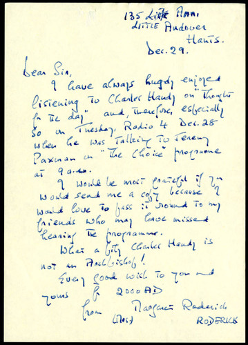 Letter of correspondence to Charles Handy concerning talks