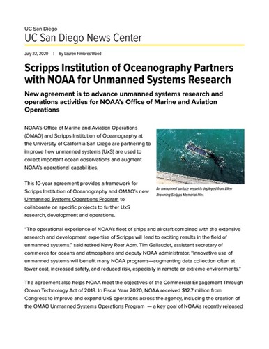 Scripps Institution of Oceanography Partners with NOAA for Unmanned Systems Research