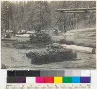 Peeling redwood at the landing. Caspar Lumber Company, Camp 20. Showing loading boom; railroad in background; log deck (peeled); peelers at work; bulldozer rolling logs; and tractor arriving with more logs. 8/20/40. E.F