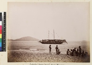 View of trading canoes at sea, Papua New Guinea, ca. 1890