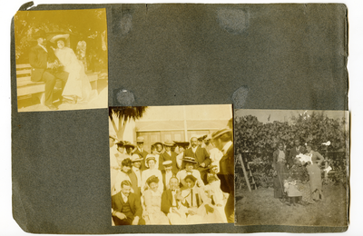 Scrapbook page with three photographs: man and woman seated on bench, group photograph, family photograph in back yard