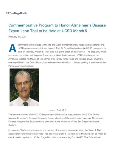 Commemorative Program to Honor Alzheimer's Disease Expert Leon Thal to be Held at UCSD March 5