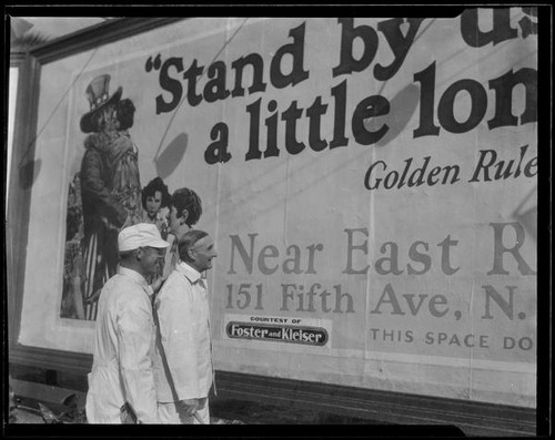 William Gibbs McAdoo and sign painter at billboard, Los Angeles, 1925 or 1927