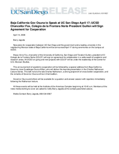 Baja California Gov Osuna to Speak at UC San Diego April 17--UCSD Chancellor Fox, Colegio de la Frontera Norte President Guillen will Sign Agreement for Cooperation