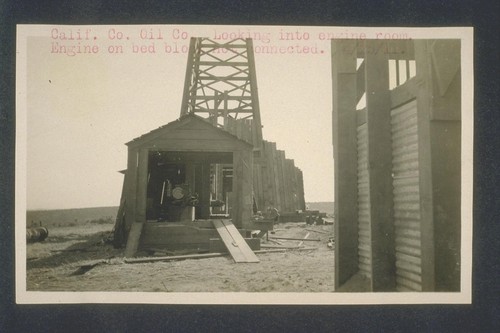 California Counties Oil Company Looking into engine room. Engine on bed block not connected. April 25, 1911