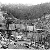 Bullards Bar Dam under construction in the Yuba River Canyon