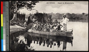 Missionary father setting off with others in a small boat, Congo, ca.1920-1940