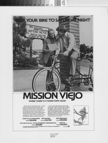 [Ride your bike to Saturday night--Mission Viejo, where "home" is a "hometown" again photographic print]