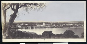 Panoramic view of the Stanford University campus from a distance, ca.1900