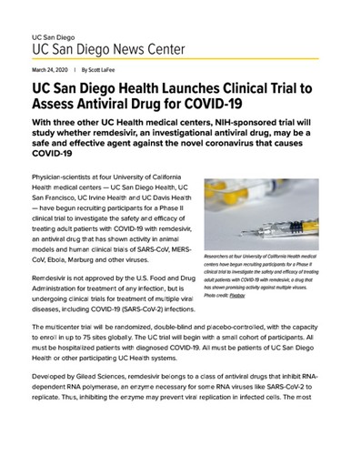 UC San Diego Health Launches Clinical Trial to Assess Antiviral Drug for COVID-19
