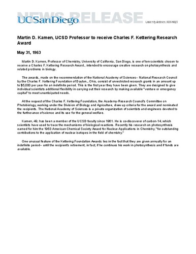 Martin D. Kamen, UCSD Professor to receive Charles F. Kettering Research Award