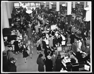 Birdseye view of the interior of the May Company Department Store, located at Broadway and Eighth Street, April 1942