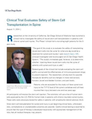 Clinical Trial Evaluates Safety of Stem Cell Transplantation in Spine