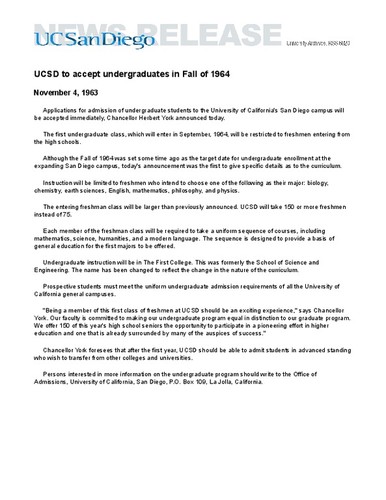 UCSD to accept undergraduates in Fall of 1964
