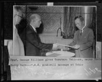 Mayor Ushizuka Torataro receives good-will petition from Prof. George Williams (copy), Tokyo, 1935