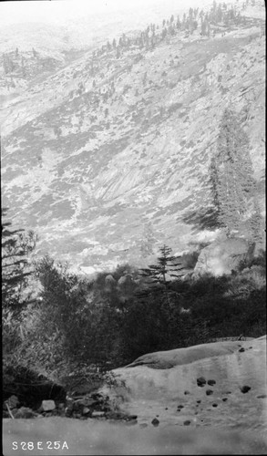 High Sierra Trail Investigation, NW from Lone Pine Meadow showing Elizabeth Pass Trail. Left panel of two panel panorama