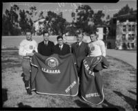 All-American football players Donald Huston and Millard Howell from Alabama pose with coach Frank Thomas, Christy Walsh, and USC coach Howard Jones, Tuscaloosa, 1934-1935