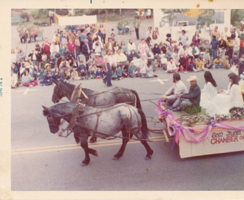 Fred Nieblas driving a float in San Juan Capistrano Parade 1974