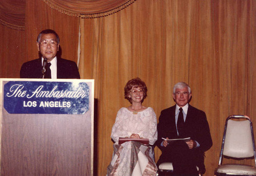 Chinese Committee to Conserve Chinese Culture (CCCC)meeting at the Ambassador Hotel, Los Angeles. Wilbur Woo is behind the podium