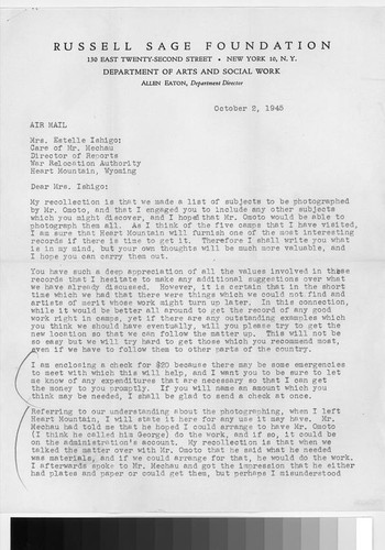 Letter, 1945 October 2, New York, N.Y. to Mrs. Estelle Ishigo, Heart Mountain, Wyo