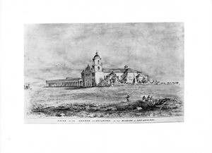 Drawing by Edward Vischer of a distant view of the Mission San Luis Rey, drawn May 1, 1865