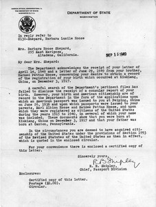 Documents verifying Barbara Hoose Shepard's U.S. citizenship