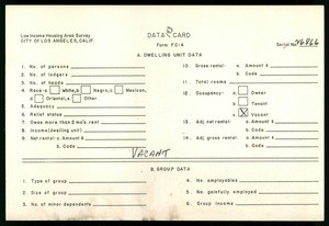 WPA Low income housing area survey data card 193, serial 26866, vacant