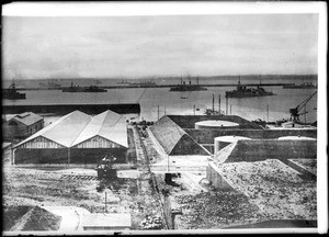 Birdseye view of American oil tanks and docks at Brest Harbor during World War I, ca.1914
